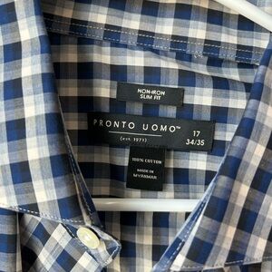 Pronto Uomo Navy and White Check Slim Fit Dress Shirt
